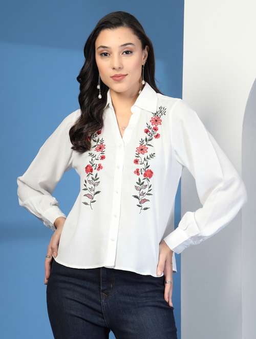 women embroidered collared puff sleeve shirt - 21966134 - Standard Image - 0