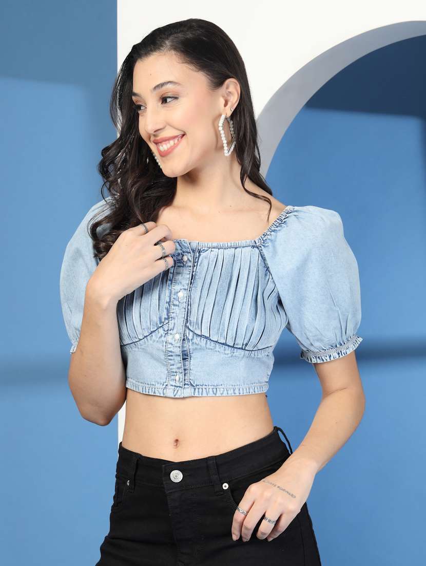 women solid puff sleeve denim crop top - 21966148 -  Standard Image - 1