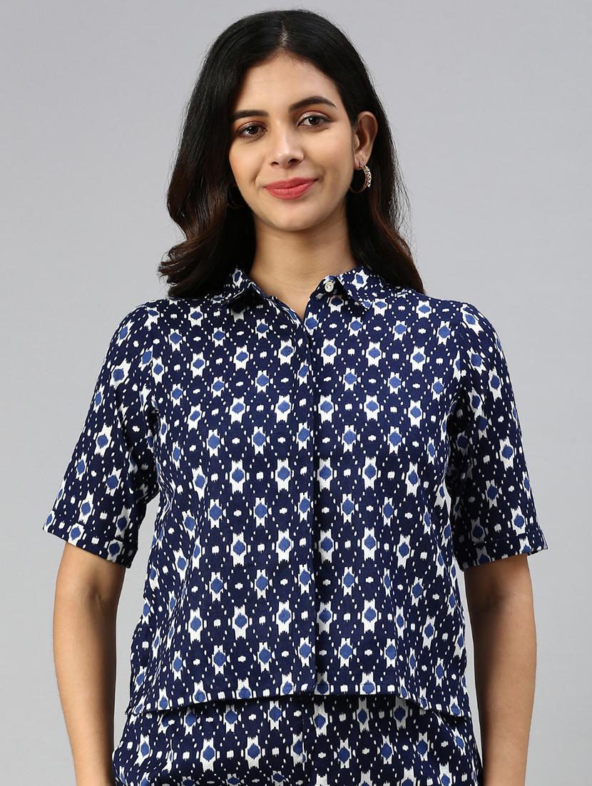 women printed collared short sleeve crop shirt - 21966172 - Standard Image - 1