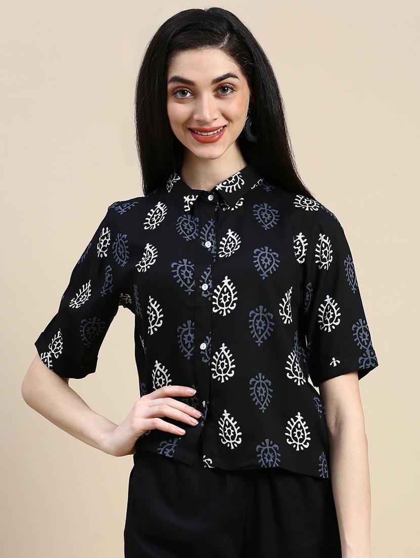 women printed collared short sleeve crop shirt - 21966173 - Standard Image - 1