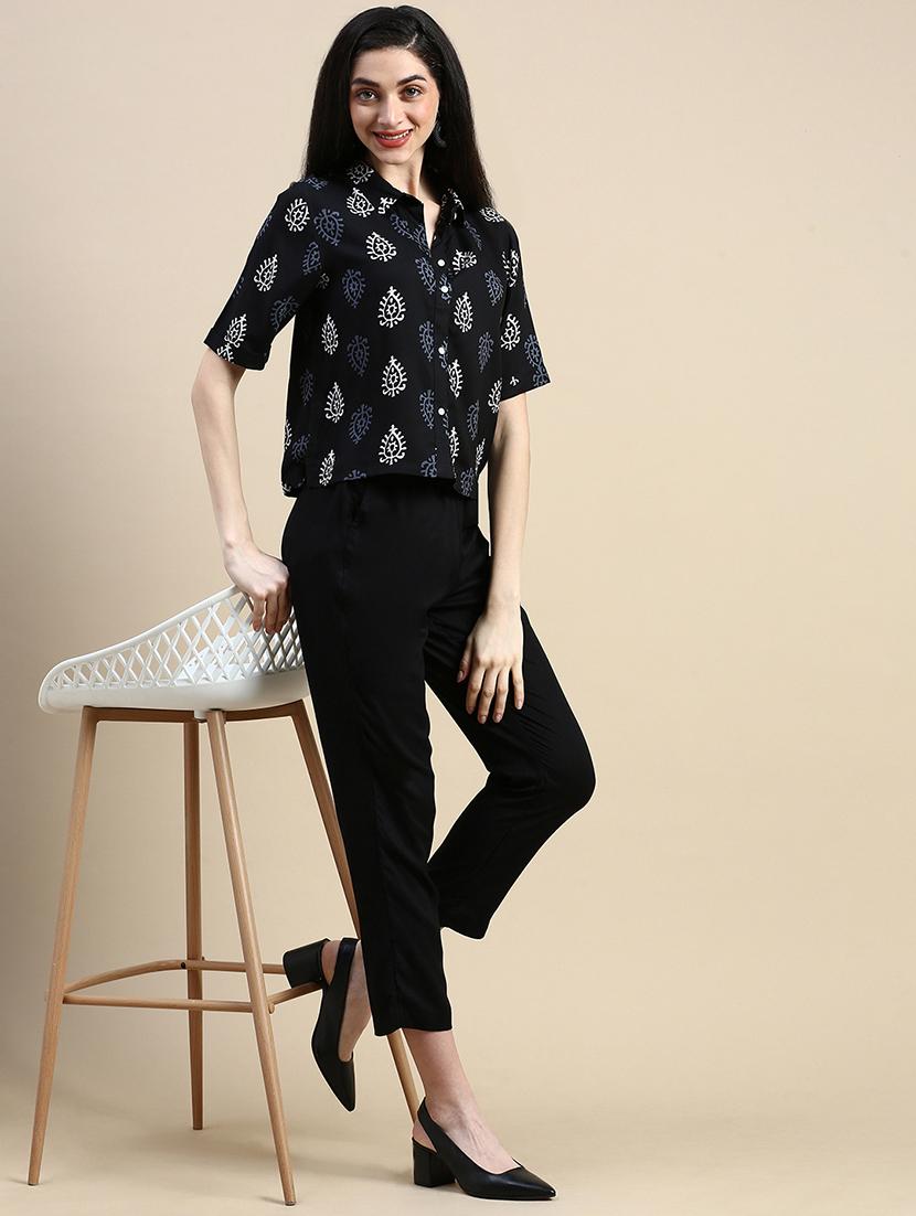 women printed collared short sleeve crop shirt - 21966173 - Standard Image - 4