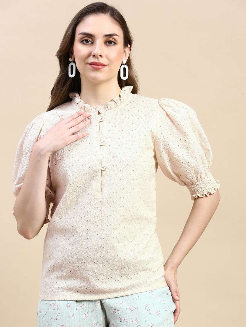 women cream puff sleeve schiffli top - 21966176 -  Standard Image - 1
