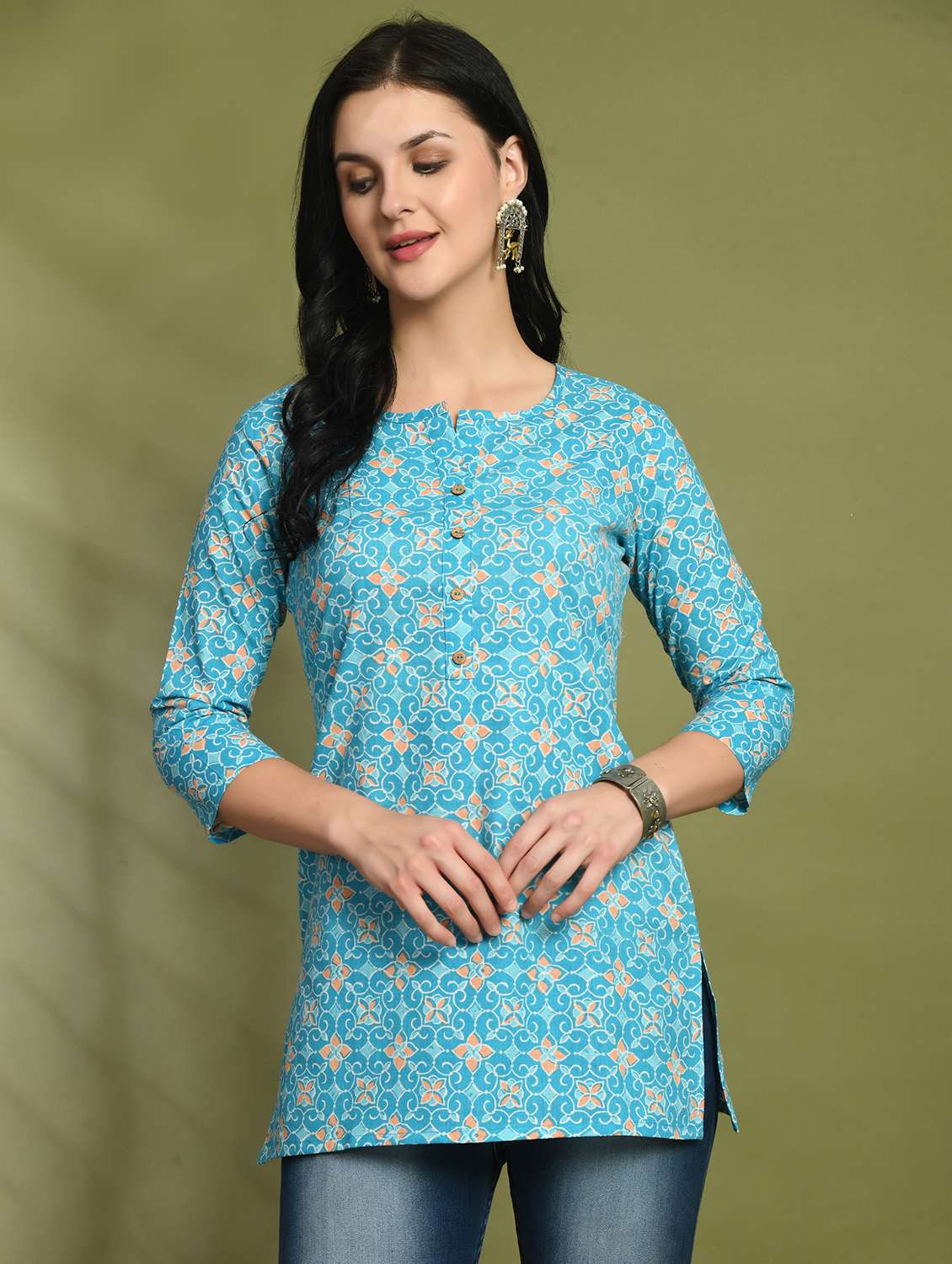 women three quarter sleeve straight kurti - 21966193 - Standard Image - 1