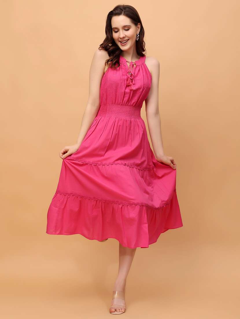 women pink solid halter neck tiered dress