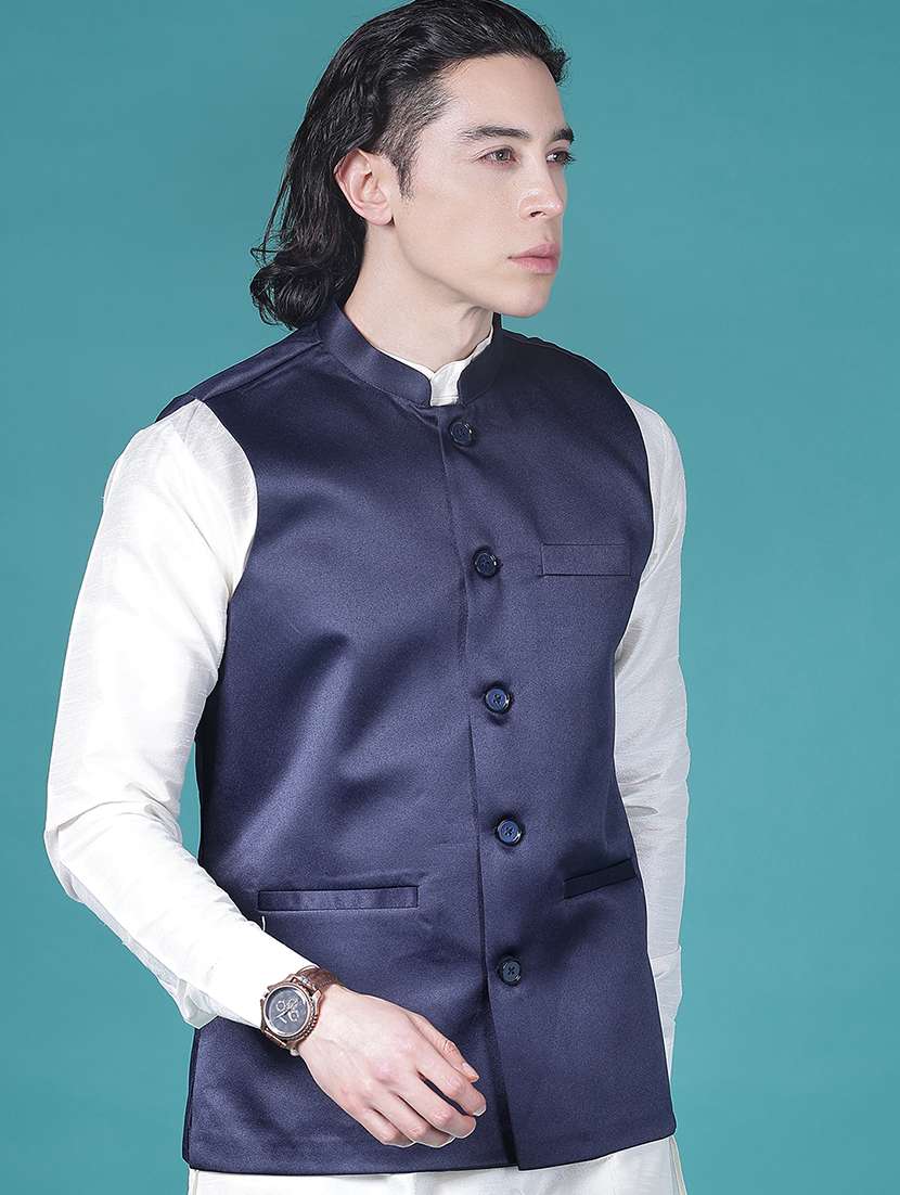 men solid mandarin neck regular fit nehru jacket - 21966339 -  Standard Image - 1