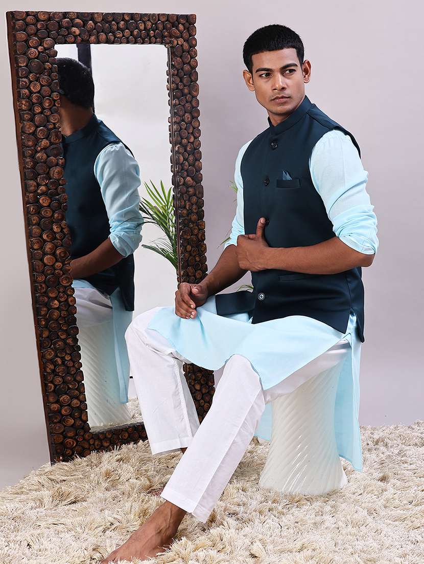 men solid mandarin neck regular fit nehru jacket - 21966340 -  Standard Image - 4