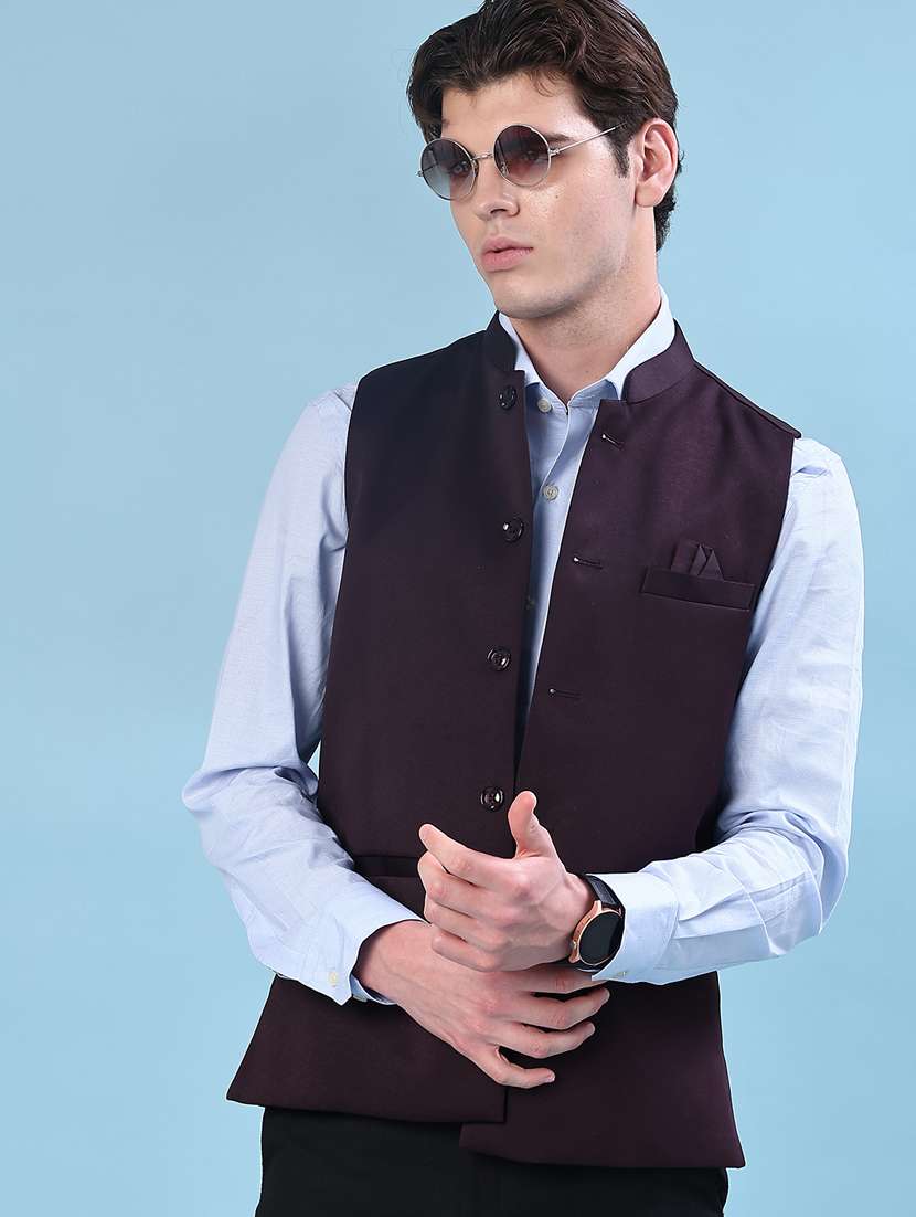 men solid mandarin neck regular fit nehru jacket