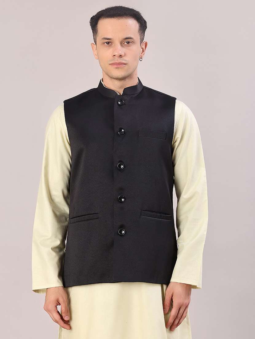 men solid mandarin neck regular fit nehru jacket - 21966342 -  Standard Image - 1
