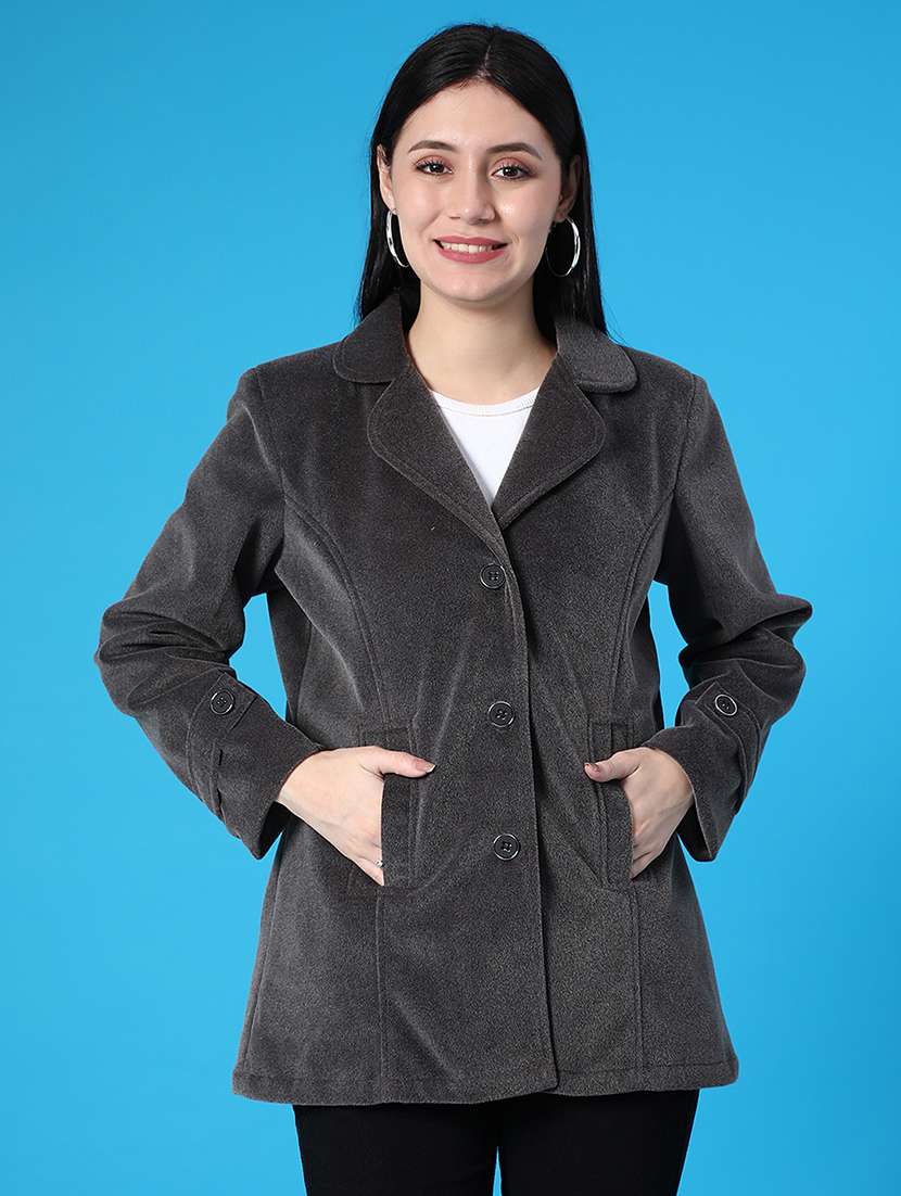 women solid lapel collar regular coat - 21966372 -  Standard Image - 1