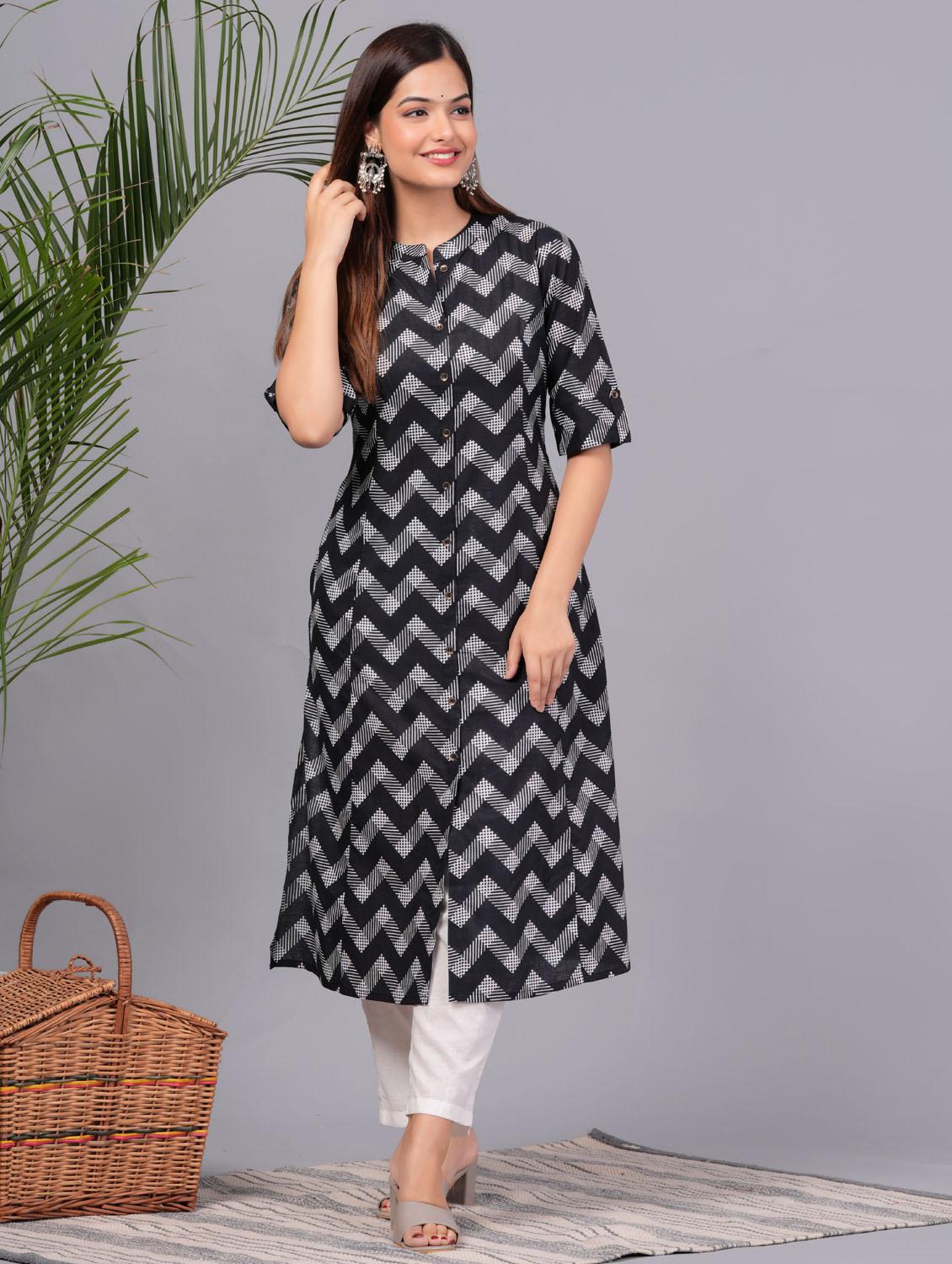 women chevron printed mandarin neck a-line kurta  - 21966646 -  Standard Image - 1