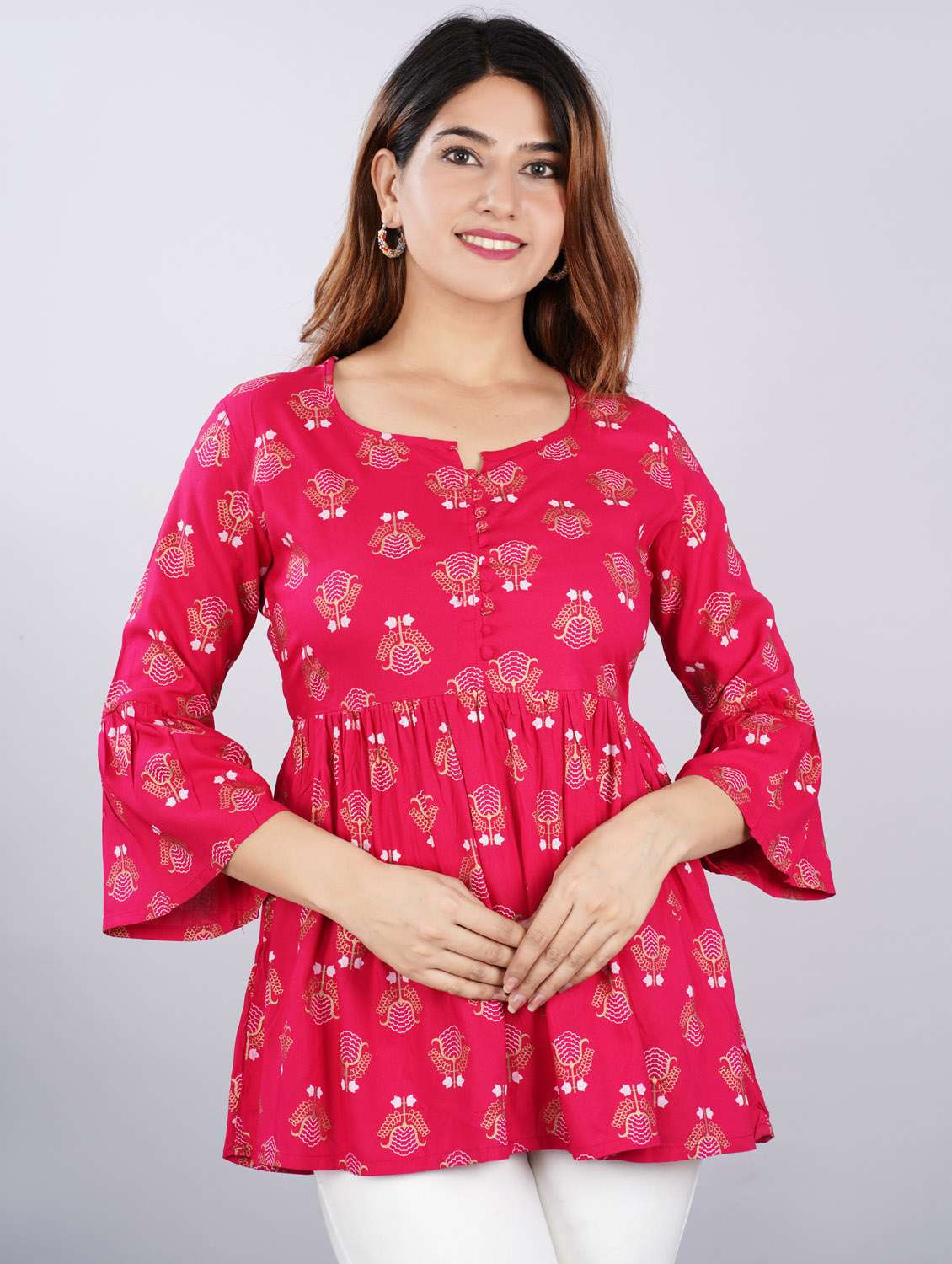 women red printed bell sleeve flared tunic
