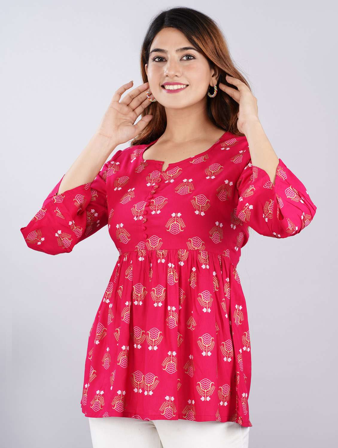 women red printed bell sleeve flared tunic - 21966669 - Standard Image - 1