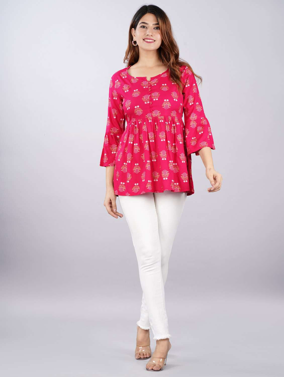 women red printed bell sleeve flared tunic - 21966669 - Standard Image - 4