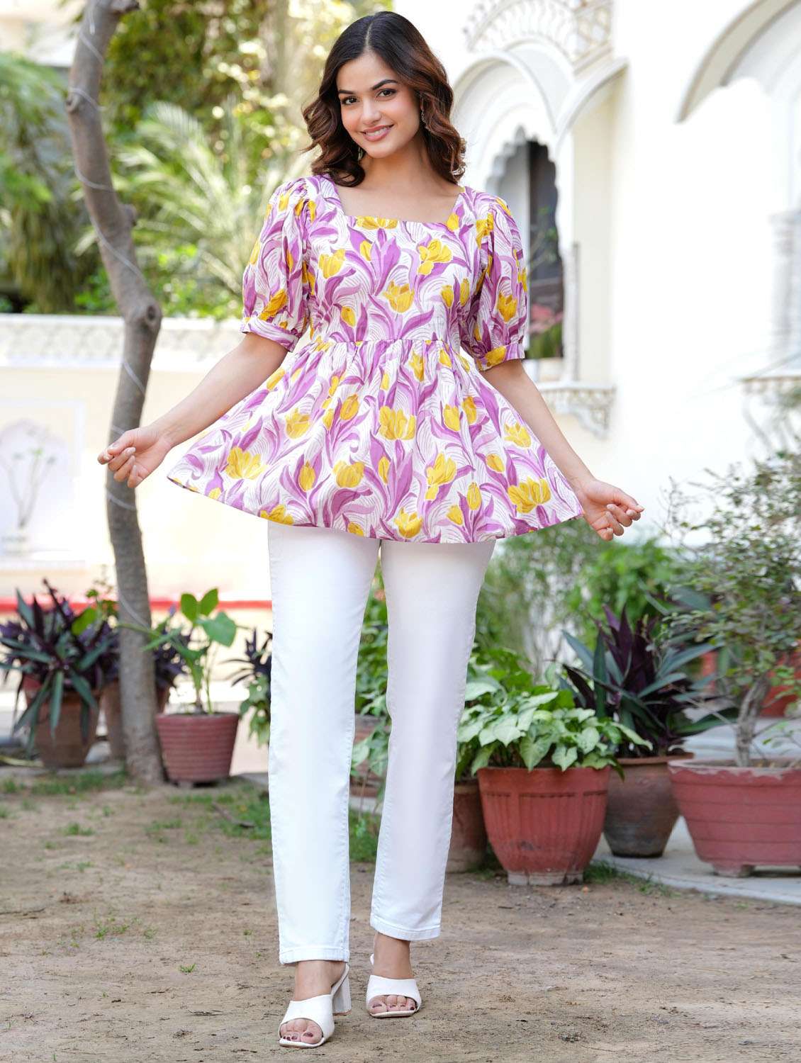 women floral printed puff sleeve peplum top - 21966678 - Standard Image - 4