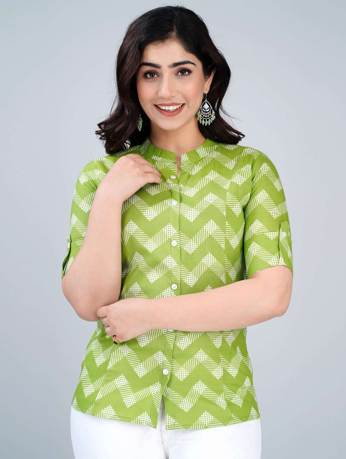 women chevron printed roll up sleeve ethnic top - 21966685 -  Standard Image - 1