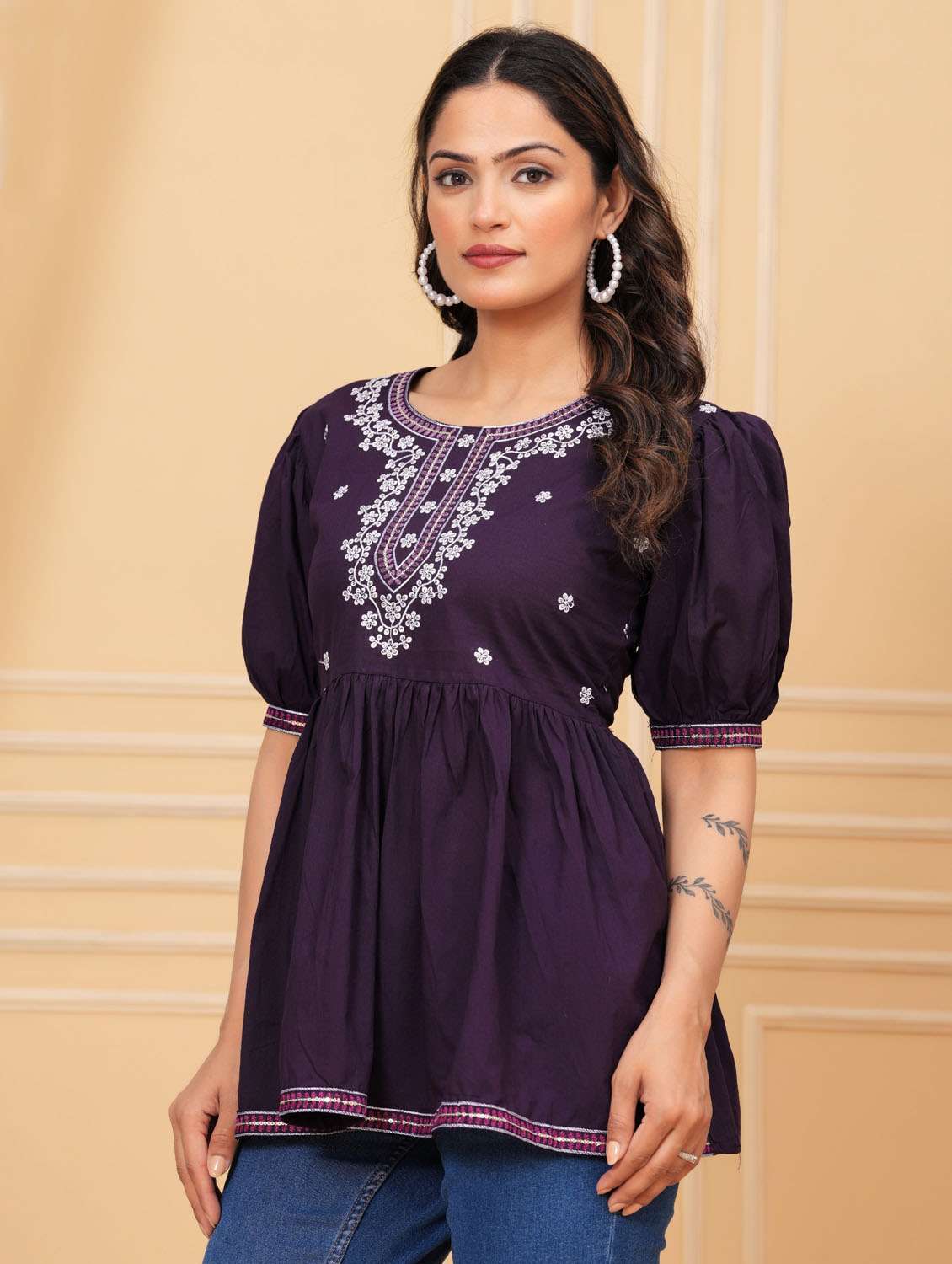 women embroidered puff sleeve ethnic top - 21966687 -  Standard Image - 1