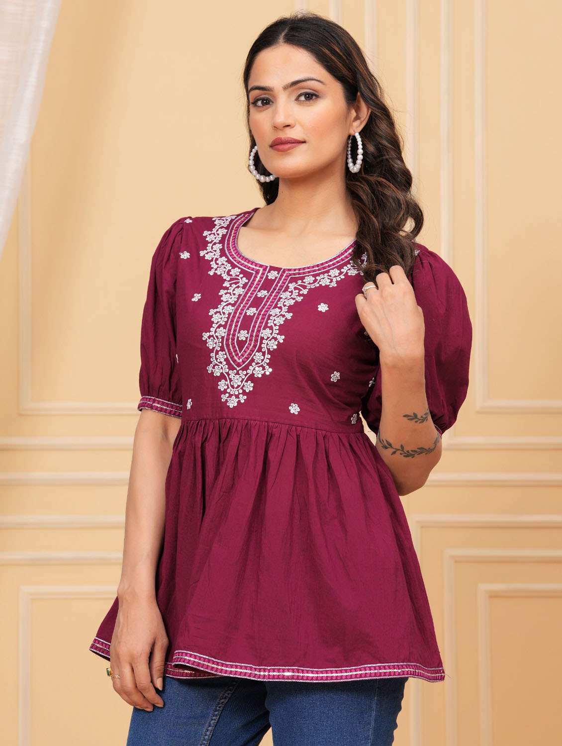 women embroidered puff sleeve ethnic top - 21966689 - Standard Image - 1