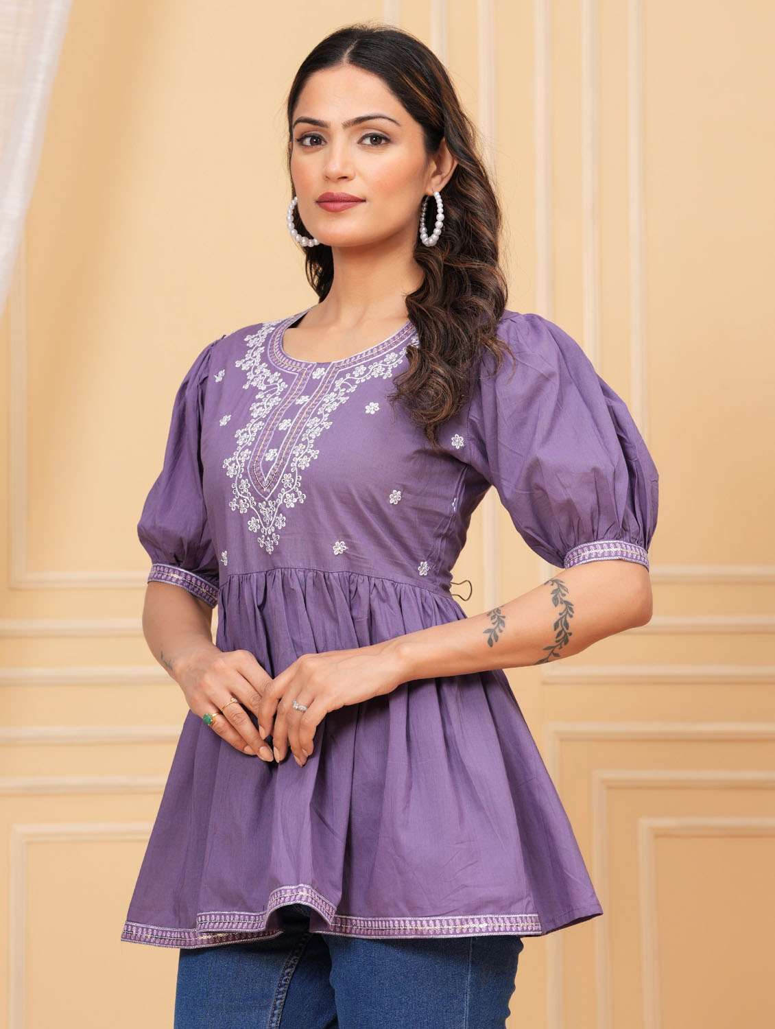 women embroidered puff sleeve ethnic top - 21966691 -  Standard Image - 1