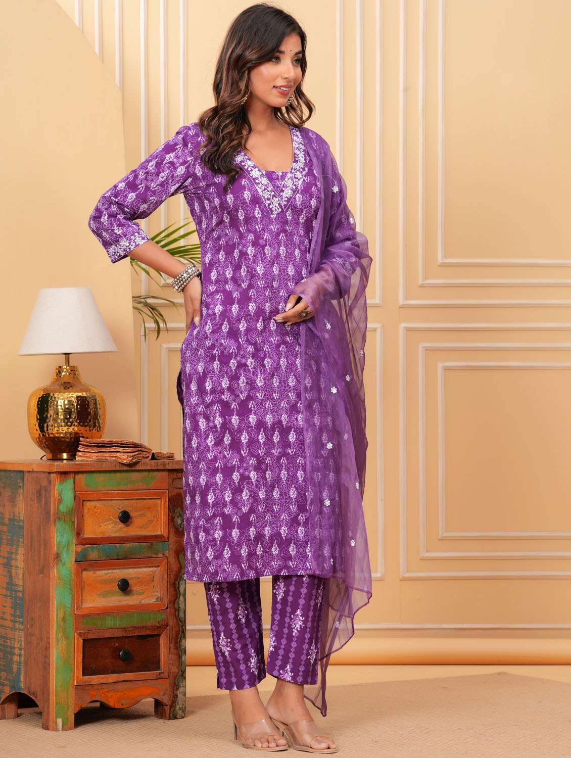 women three quarter sleeve kurta pant with dupatta set - 21966711 - Standard Image - 1