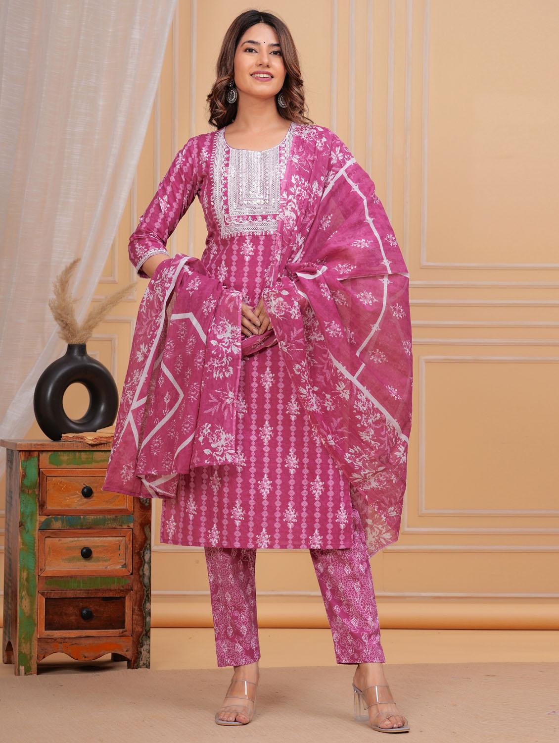 women three quarter sleeve kurta pant with dupatta set - 21966719 - Standard Image - 1