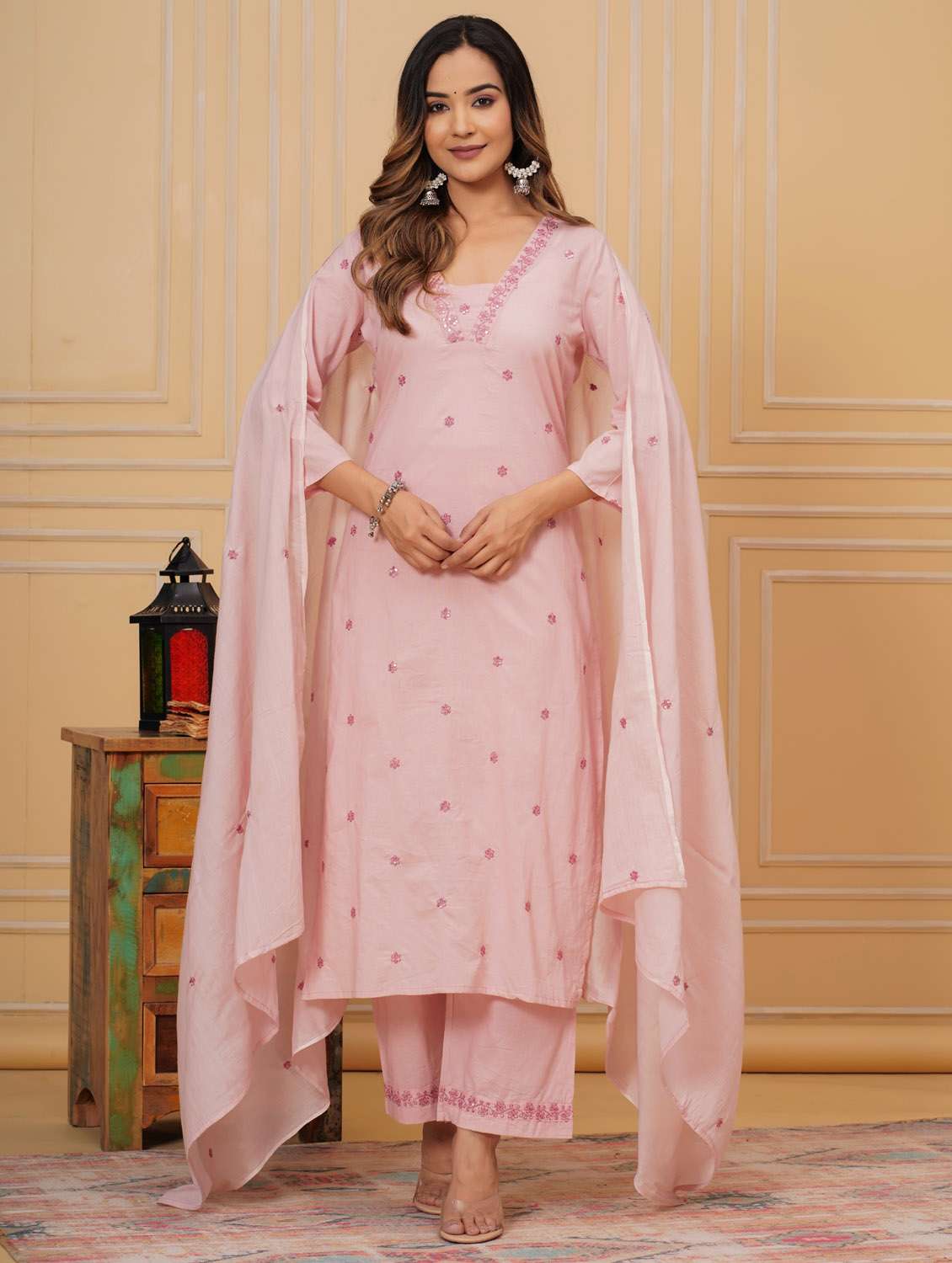 women three quarter sleeve kurta pant with dupatta set - 21966741 - Standard Image - 1