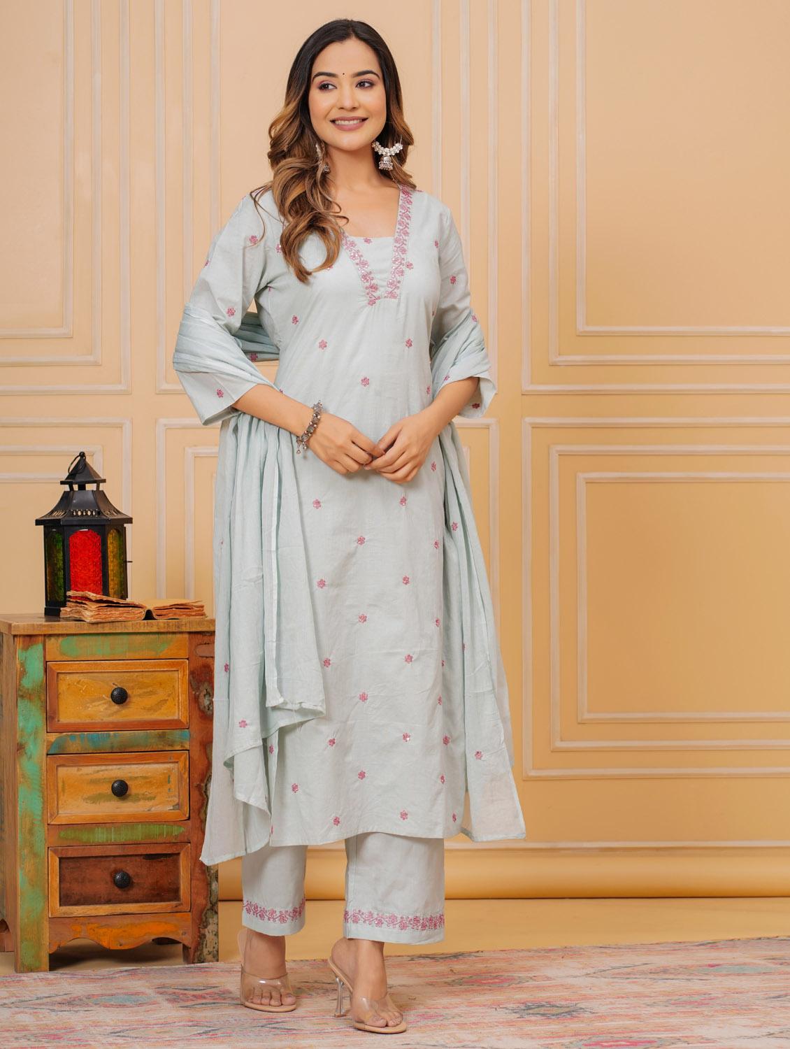 women three quarter sleeve kurta pant with dupatta set - 21966748 -  Standard Image - 1