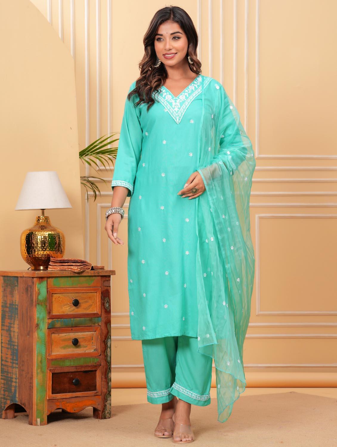 women three quarter sleeve kurta pant with dupatta set - 21966758 - Standard Image - 1