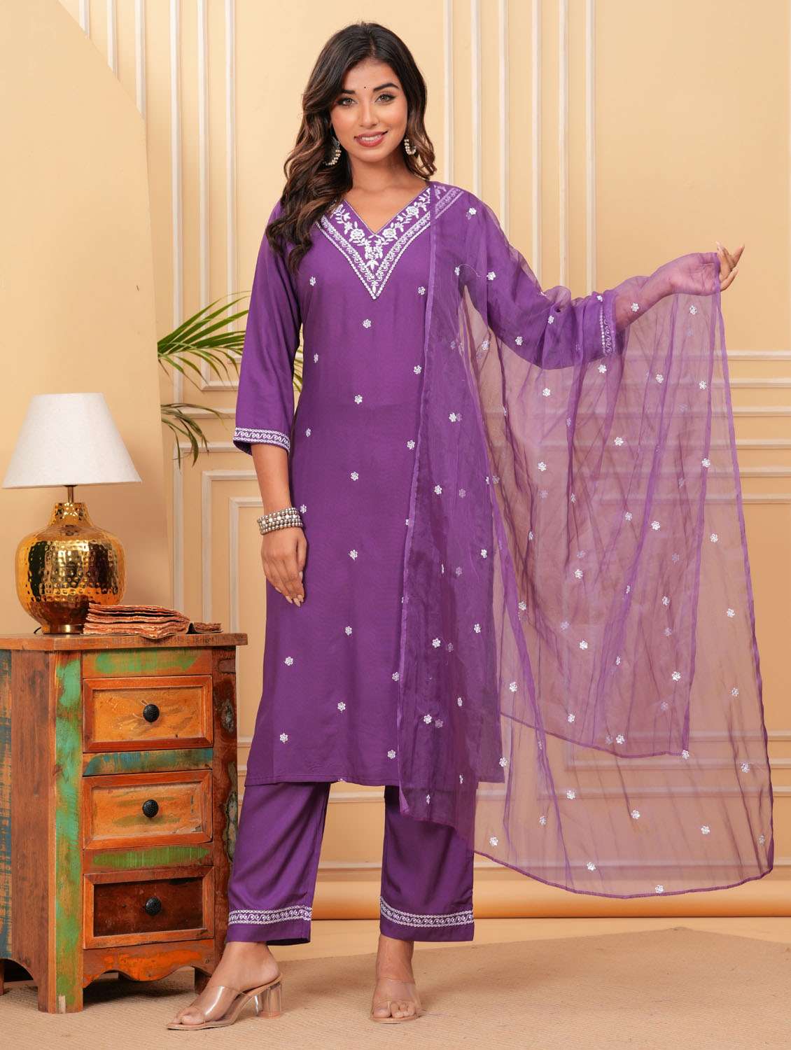 women three quarter sleeve kurta pant with dupatta set