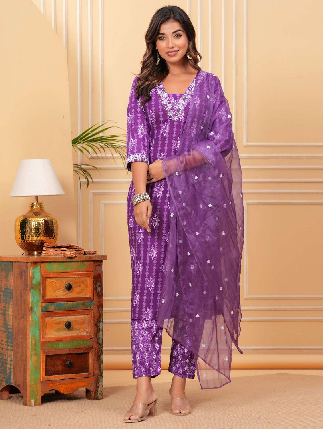 women three quarter sleeve kurta pant with dupatta set - 21966760 - Standard Image - 1