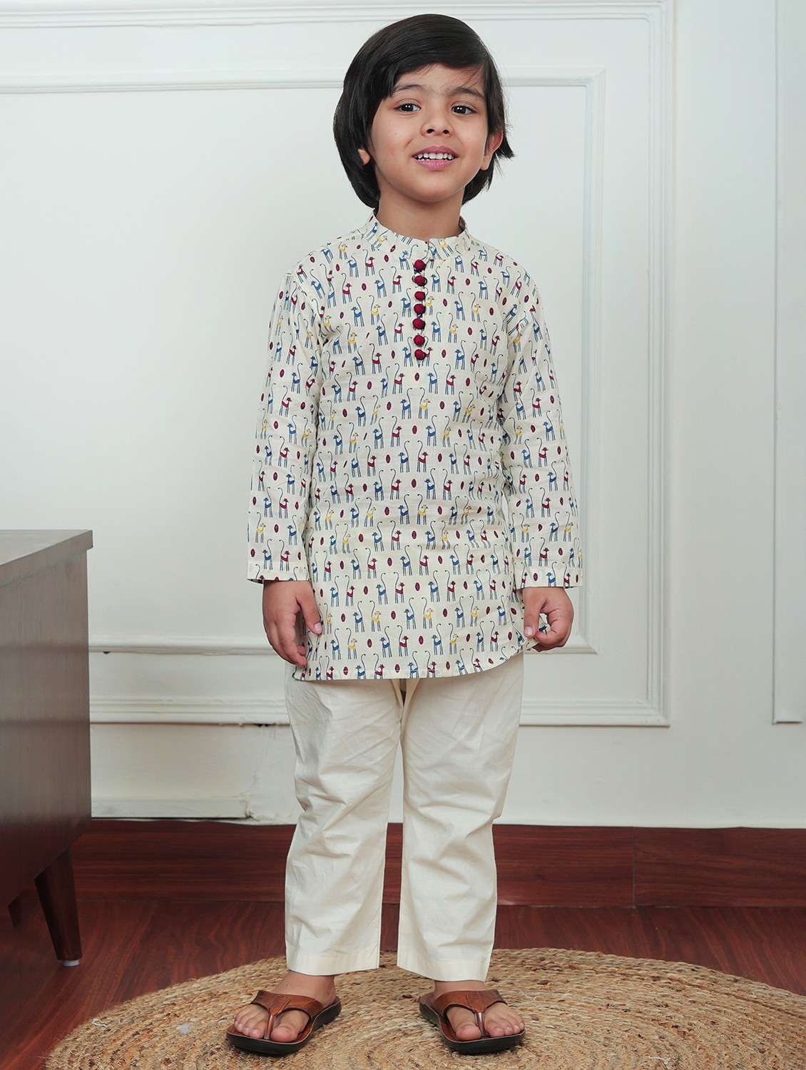 boys printed mandarin neck kurta pajama set - 21966767 - Standard Image - 1
