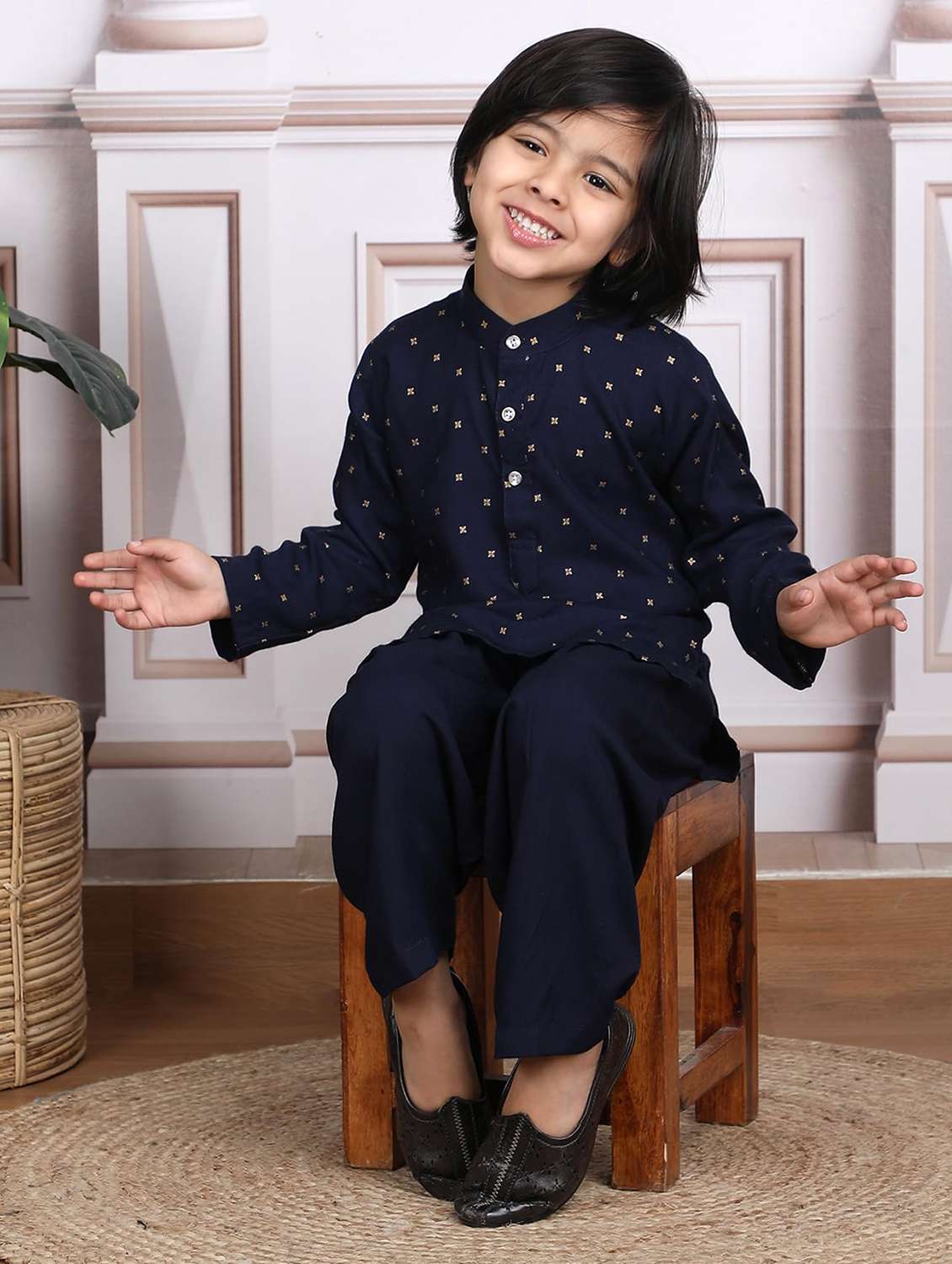 boys printed long sleeve kurta and salwar set