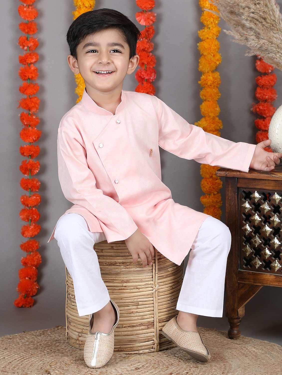 boys solid long sleeve kurta and pyjama set