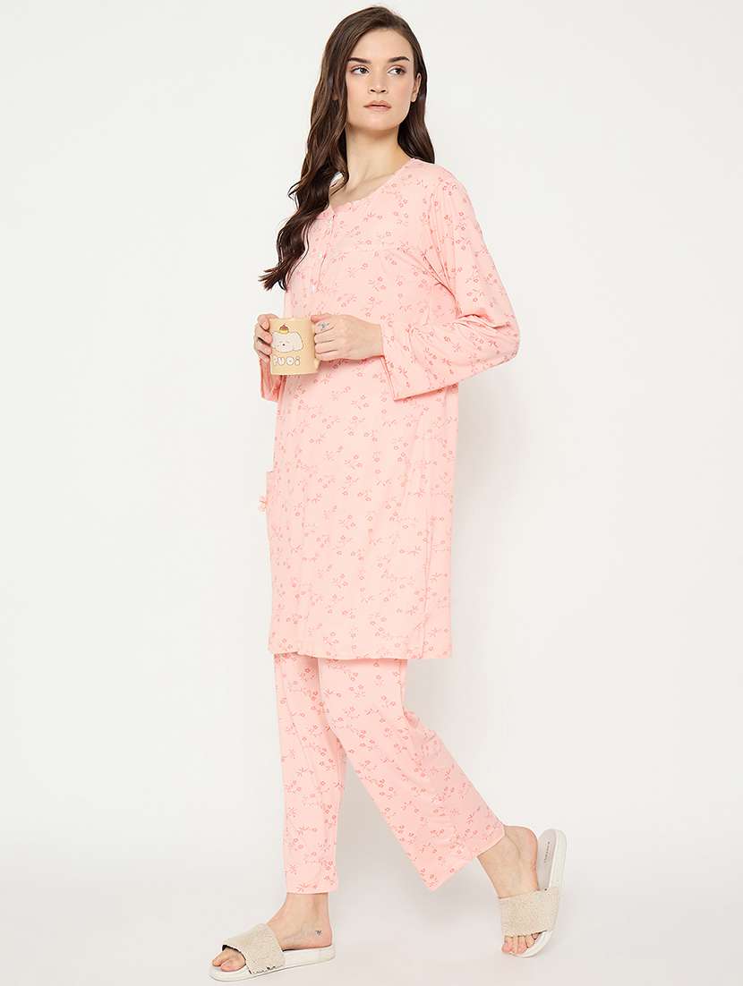 women printed long sleeve nightwear pyjama set