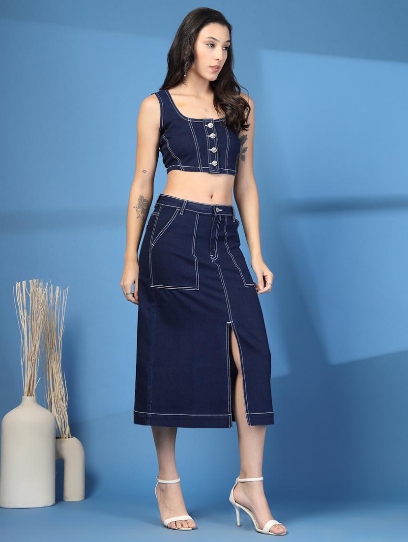 women navy blue solid top & skirt denim co-ord set - 21966796 -  Standard Image - 1