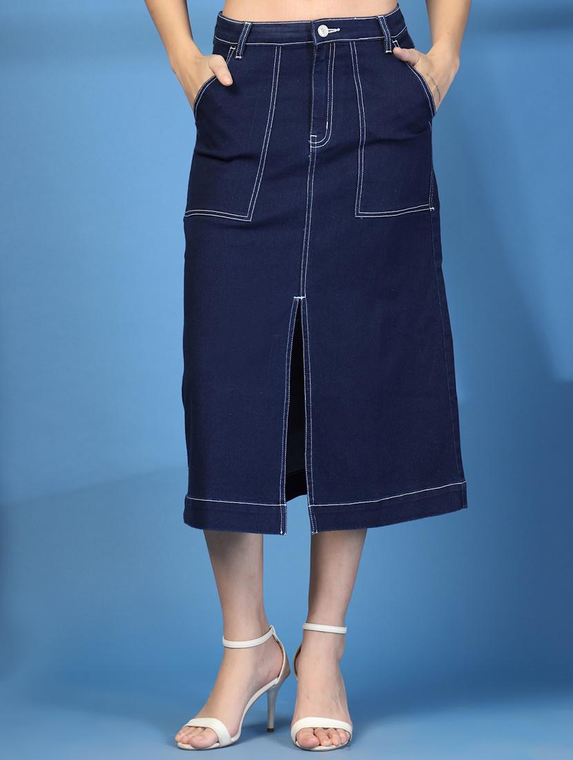 women navy blue solid top & skirt denim co-ord set - 21966796 - Standard Image - 4
