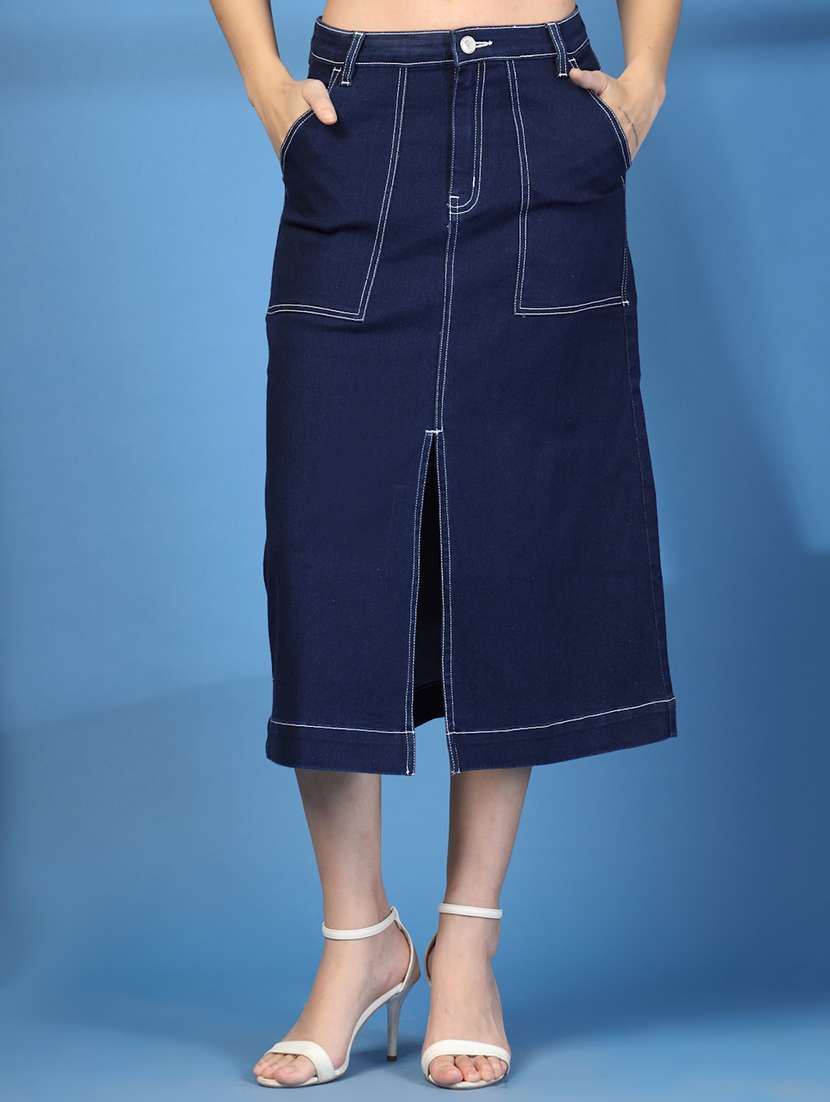 Women Navy Blue Solid Top & Skirt Denim Co Ord Set