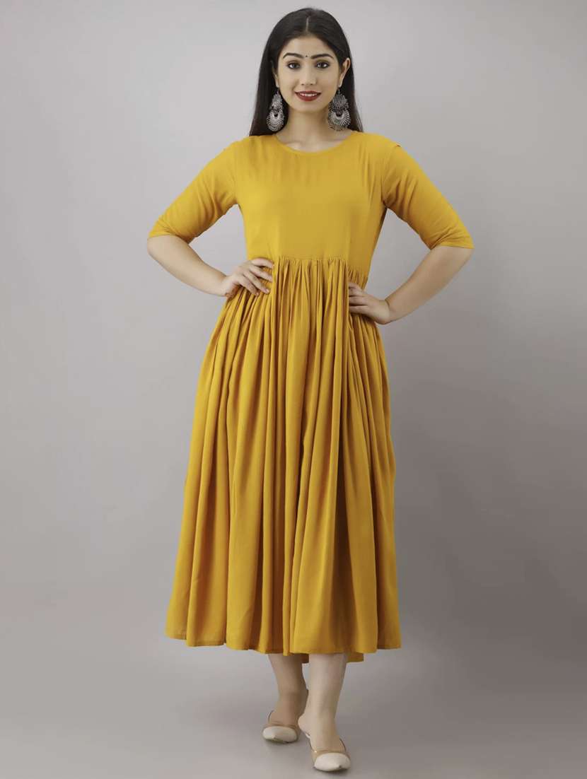 women yellow solid elbow sleeve anarkali ethnic dress