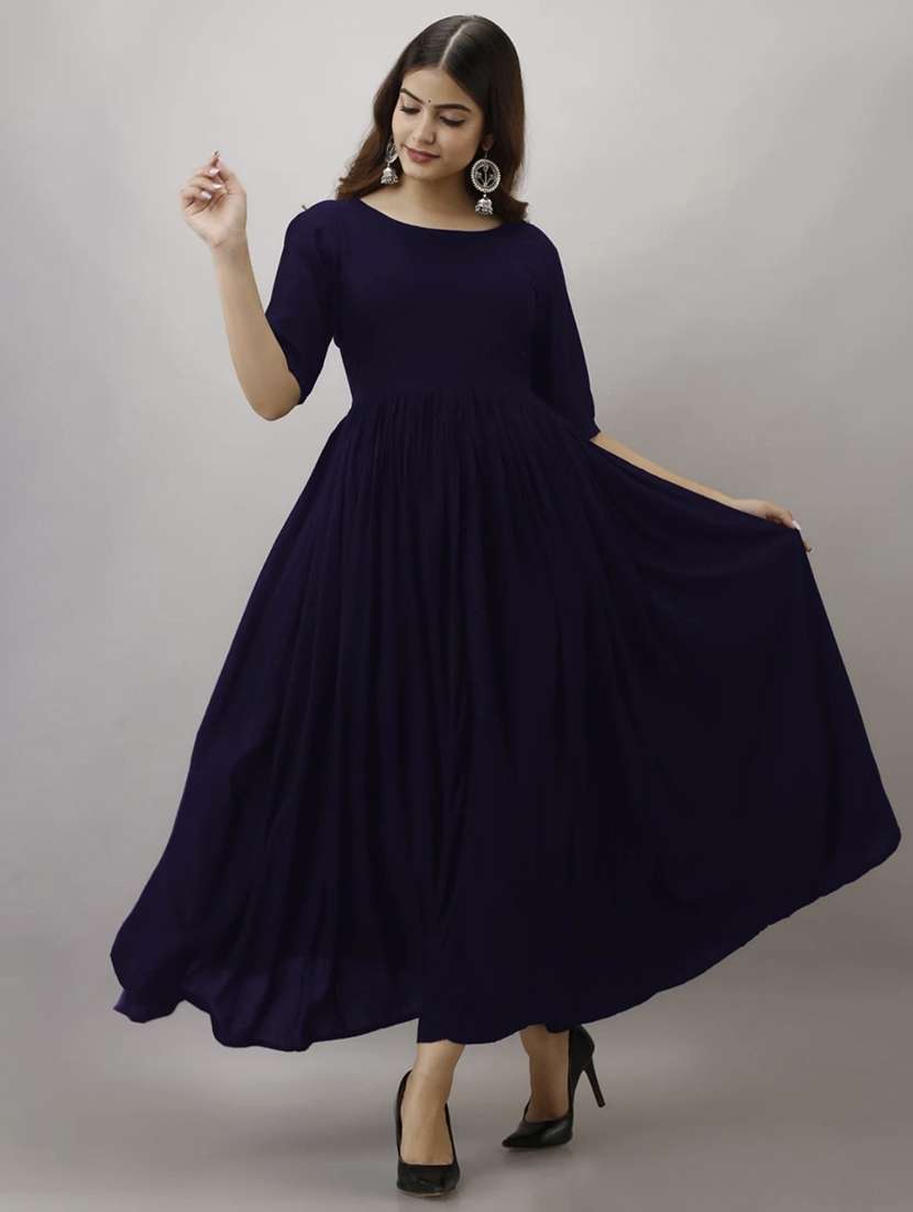 women navy blue solid elbow sleeve anarkali ethnic dress - 21966824 -  Standard Image - 1