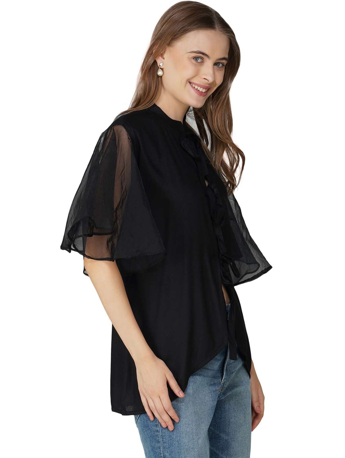 women solid flared sleeve tie ip high low top - 21966833 -  Standard Image - 1