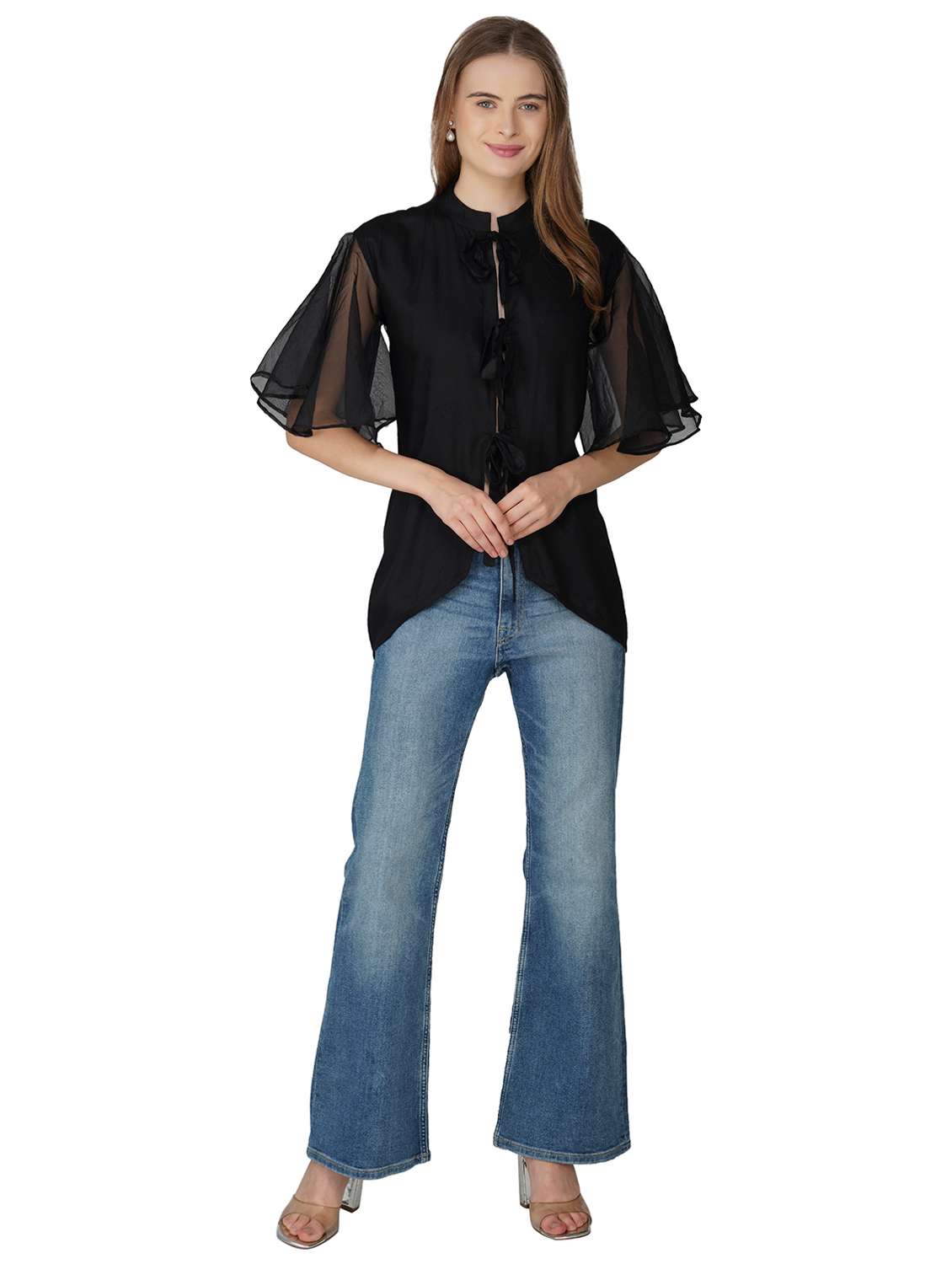women solid flared sleeve tie ip high low top - 21966833 -  Standard Image - 4