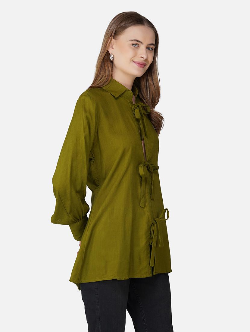 woen olive solid long sleeve tie up detailed shirt - 21966834 - Standard Image - 1