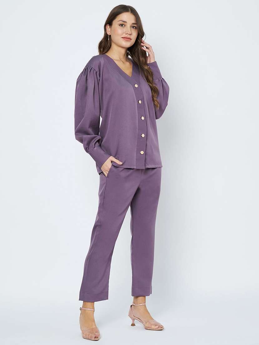 women solid puff sleeve shirt and trouser co-ord set - 21966841 -  Standard Image - 1