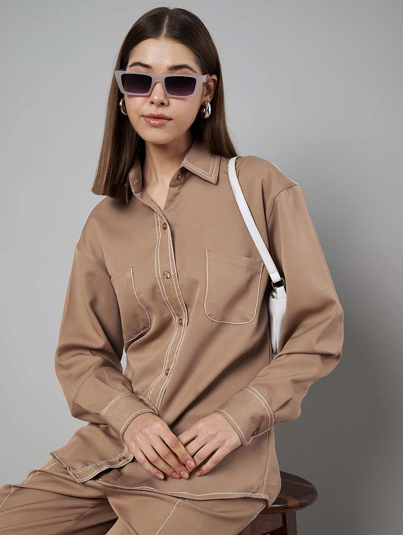 women solid shirt and trouser co-ord set