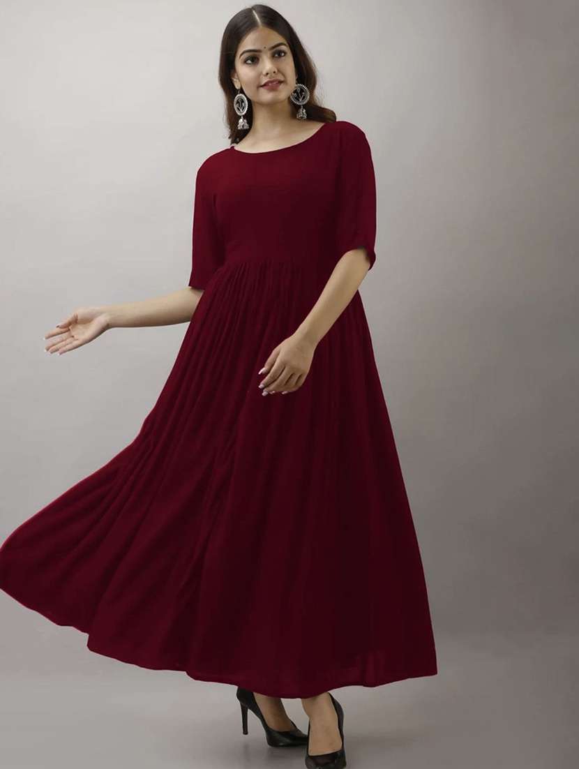 women solid round neck fit and flared maxi dress - 21966860 -  Standard Image - 1
