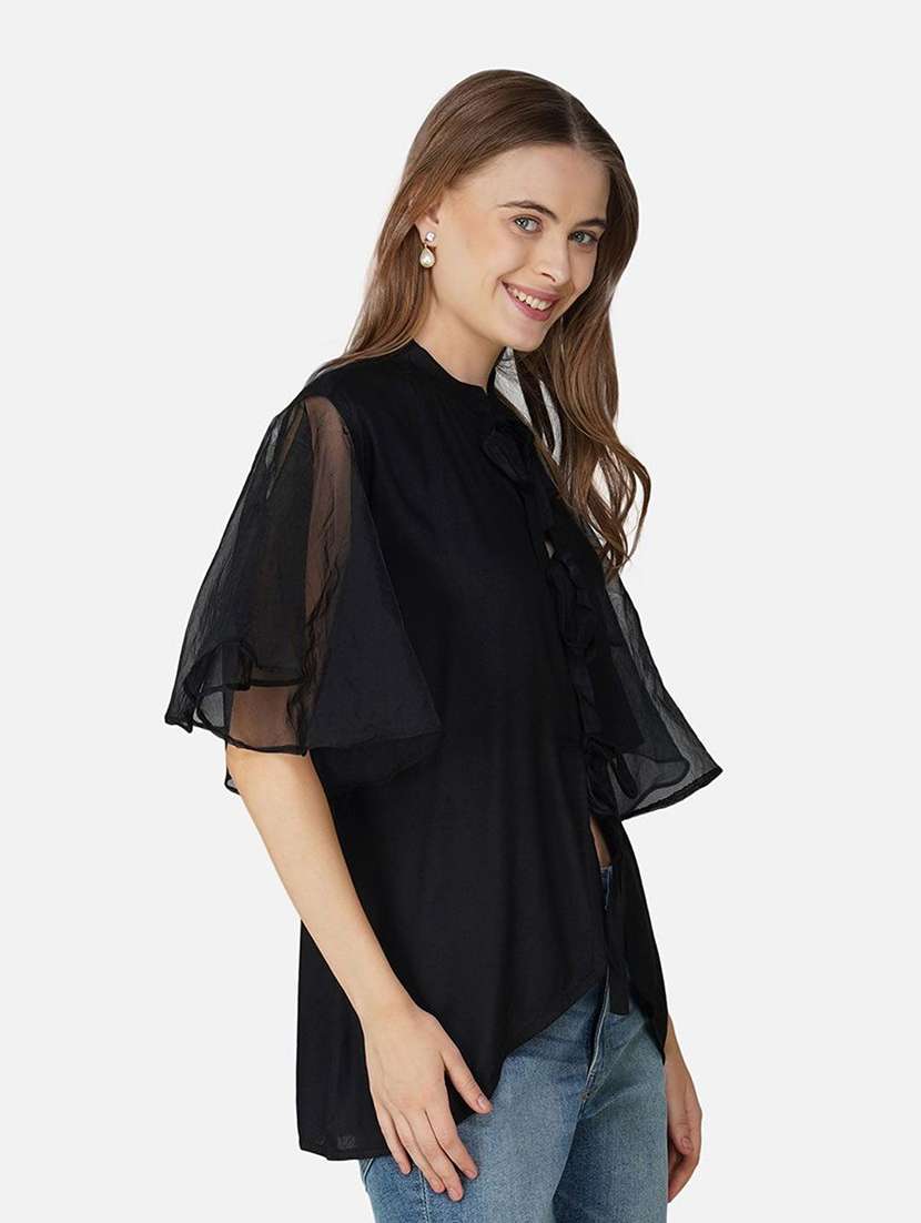 women black solid flared sleeve high low top - 21966863 -  Standard Image - 1