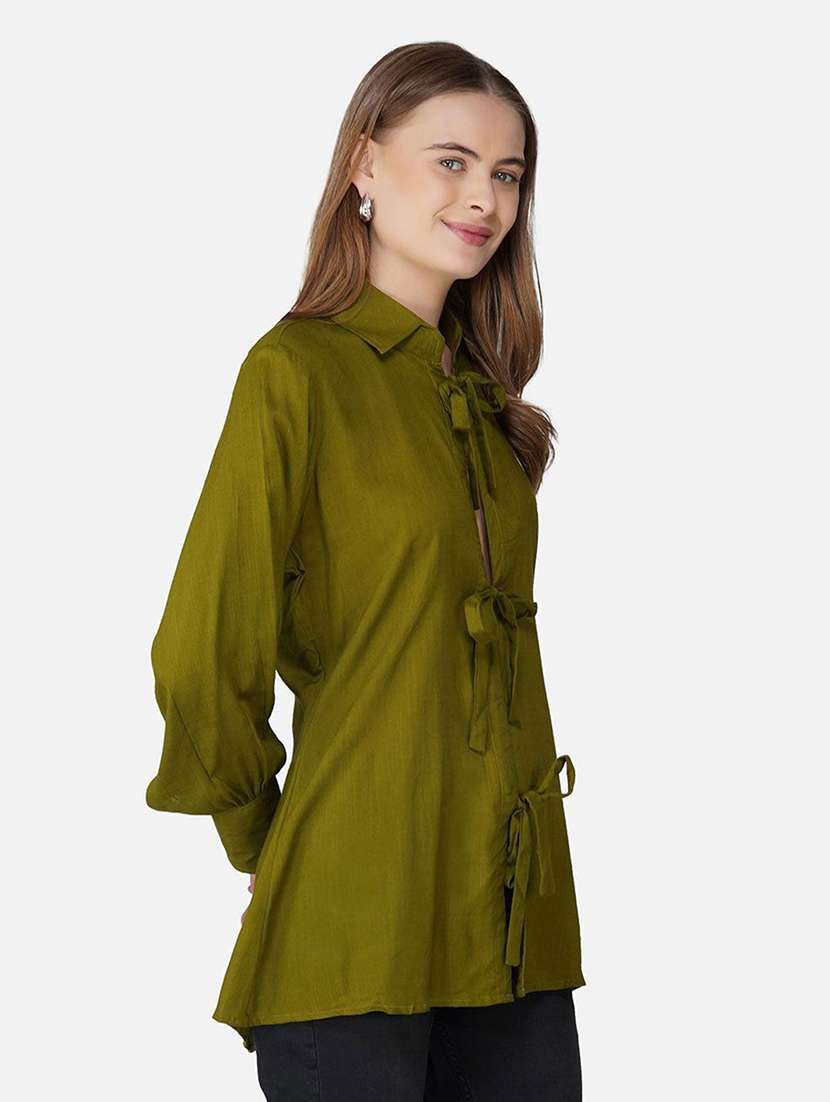 women solid collared long sleeve front tie up top - 21966866 -  Standard Image - 1