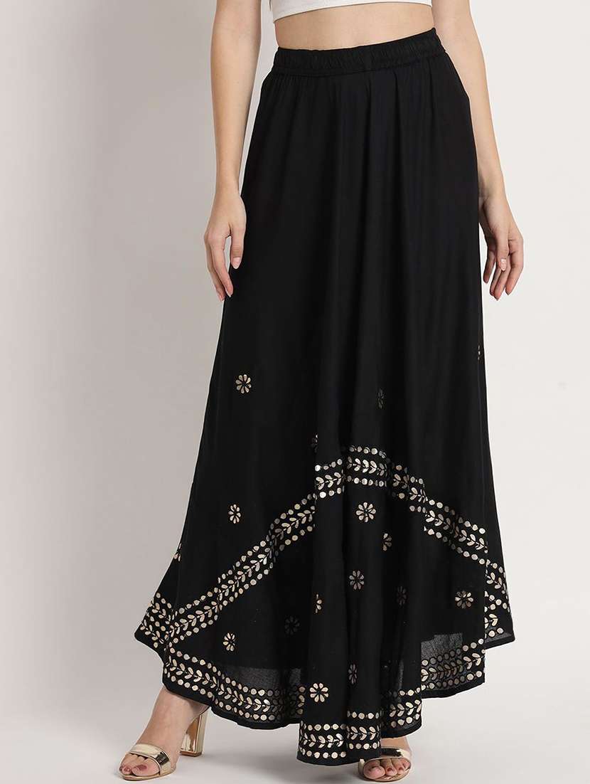 women mirror work mid rise flared maxi skirt