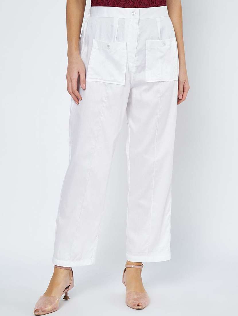 women solid high rise straight trouser