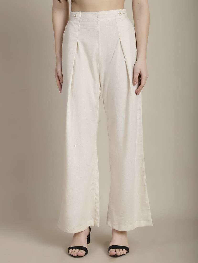 women solid high rise pleated wide leg trouser