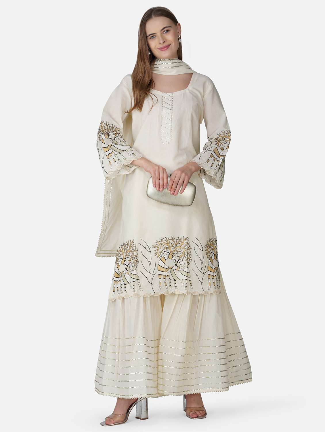 women embroidered long sleeve kurta sharara with dupatta set
